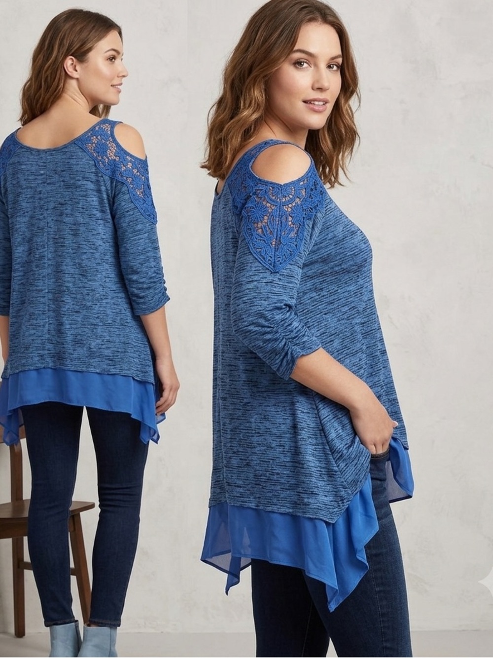 NWT Unity World Wear Blue Cold Shoulder Ruffle Embroidered Top Size 2X.